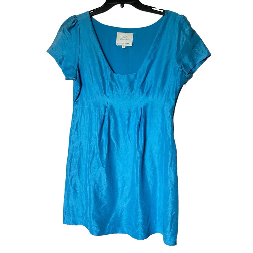 Madison Marcus Light Blue 100% Silk Style Mini Dress Poof Sleeve Large